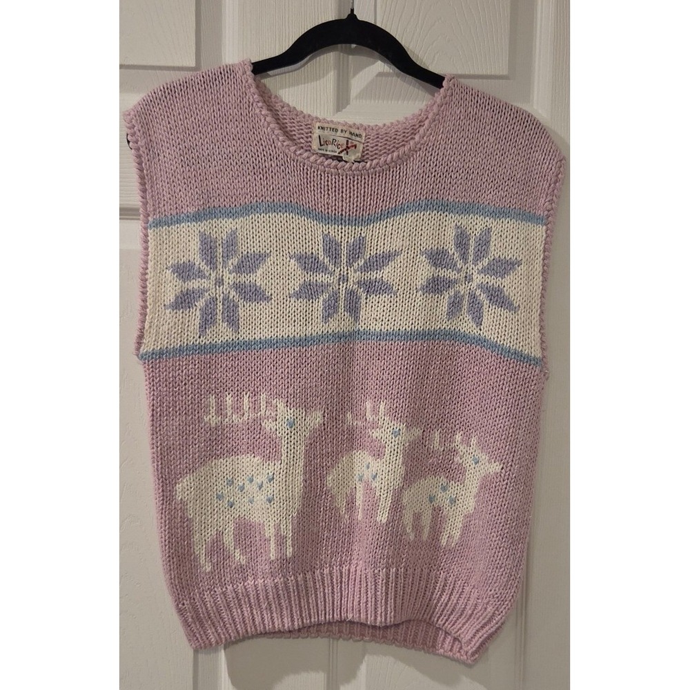 Vintage Hand Knit Reindeer Sweater Vest L Pink Fair Isle Christmas Cottagecore